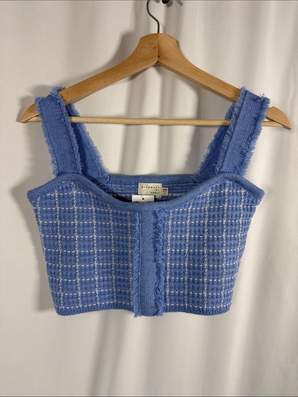 Frayed Strap Blue Tweed Crop Top